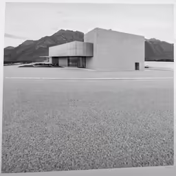 an empty building sits in a large empty plain