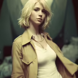 a blonde woman in a trench coat is posing