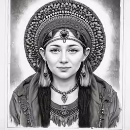 a black and white photograph of a woman wearing a headdress