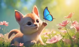 an adorable little dog looking up at a butterfly