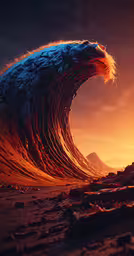the giant wave in the desert is in the air,a wave with an orange sky and sun in the background