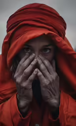 a woman wearing red covering her face with one hand