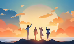 the silhouettes of three people are on top of a mountain