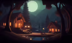 some houses that are in the woods under a big moon