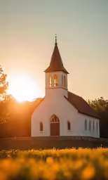 the sun is setting over a church and trees