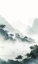 fog hovering around trees over a river near the mountains