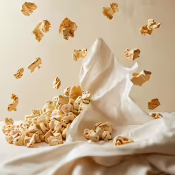 scattered peanut butter chunks spill from paper bag