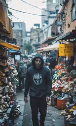 a man in a black hoodie walking down a street