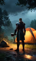 an image of a man in armor outside near tents,a man with a large axe on a dirt road