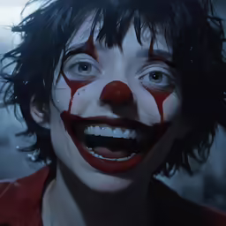 a male clown in a red jacket with his face bleeding