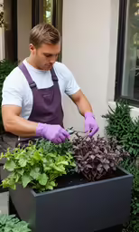 a man with gloves is setting a garden box