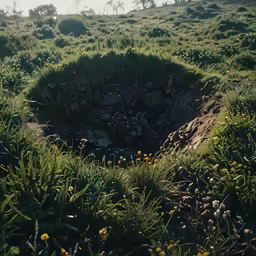 a hole in the ground surrounded by many wildflowers