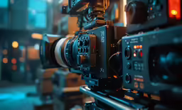 an old, classic film camera is placed by a tv camera