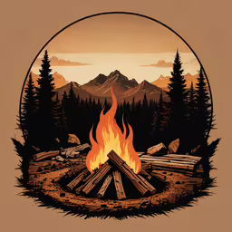 a drawing of a campfire with the trees and mountains in the background,fire and flames are shown in the circle