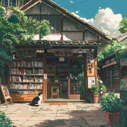 the cat sits in front of a building that has a library,the cat is waiting at the book store
