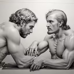 two muscular men are looking at each other