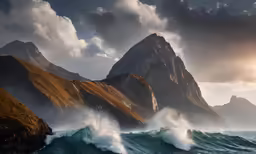 a large rock formation standing over a crashing wave