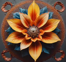 a yellow and blue flower on top of some brown circles,an overhead view of an orange flower with green leaves