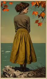 a painting of a woman by a tree on the beach