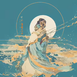 the virgin mary and the moon with the water swirling around her