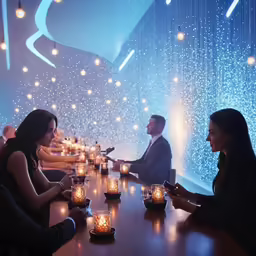 people at a long bar with lights lit by hanging bulbs
