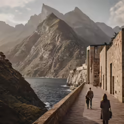 people walking down a long, stone pathway near mountains