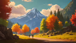 a scenic image of a mountain and fall colored trees,an illustration of a man walking through a forest