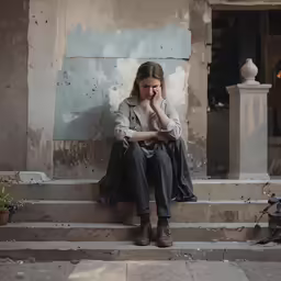 a woman sits on steps looking in to the distance