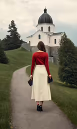 a woman with a red shirt and white skirt is walking toward the side of a church