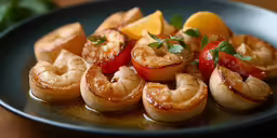 this is an image of cooked shrimp with tomatoes and lemon