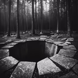 black and white photograph of a forest scene with rocks in a water pit