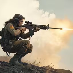 a man kneeling down with a machine rifle
