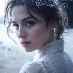 a woman with long hair is wearing snow