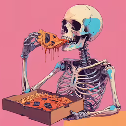 a skeleton eating pizza out of a box