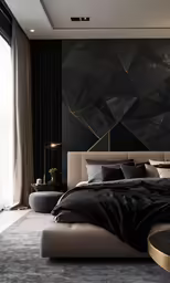 black and gray bed with a marble wall behind it