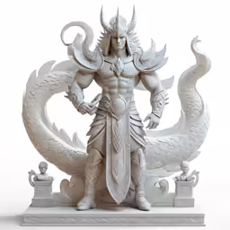a statue of the god of war standing in front of a white backdrop