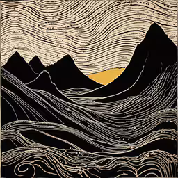 mountains are depicted with waves and yellow sky,the mountain range with wavy lines and sun