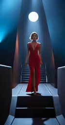 a woman walking down a runway wearing a red dress
