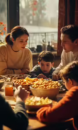 a group of people sitting around a table full of food
