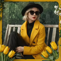the woman in yellow coat is sitting on a wooden bench