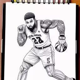 drawing in a pencil pencil and ball,a drawing of a basketball player with a ball,a drawing of a man in a jersey,a drawing of the basketball player with a beard,drawing with marker pens of a basketball player