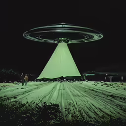 an alien - like structure on the horizon with people walking