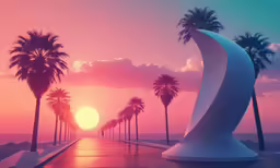sunset with palm trees near water and beach