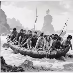 the men are on the raft that is in the ocean