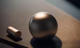 there is a silver ball and metal container on the table