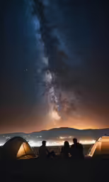 people are sitting in the grass watching stars in the sky