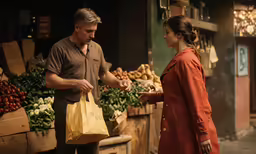 a woman handing a yellow bag to an older man in an orange jacket