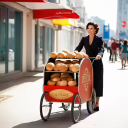 a woman standing with a cart full of bread