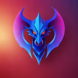 a blue demonic beast head on top of a red and purple background,an artistic digital image with a blue demon