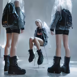 two women in black boots sit on a chair
